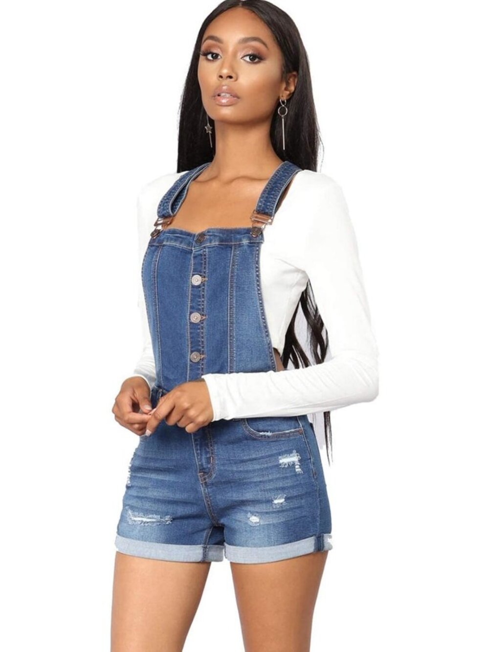 Women's Ripped Denim Shortalls with Adjustable Straps & Button Front – Casual